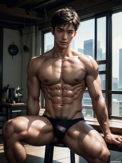 Masterpiece, Best Quality, Asian Model Men, muscular, white skin, lifted arms, spread legs, sitting, sexy bikini, studio background, standing, hard lighting, Natural eyes, Short and delicate black hair, Sexy Men, looking at the viewer, shirtless, Small plo...