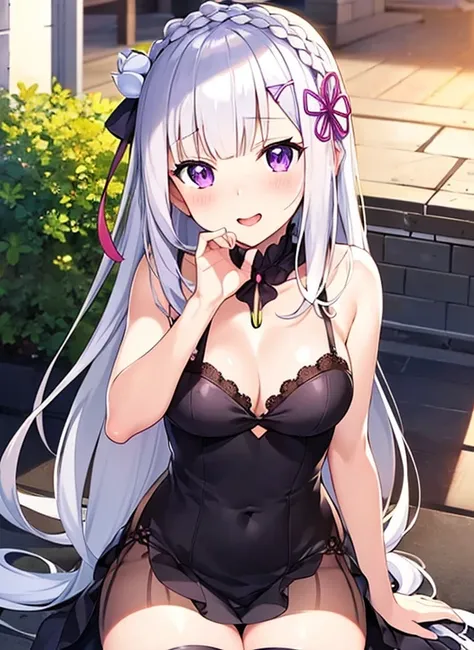 Emilia re:zero, purple eyes, Emilia, crown braid, x hair ornament, flower hair ornament, white hair, long hair, medium breasts, anime girl with long hair and purple eyes in a bra top, seductive anime girl, pretty anime girl, beautiful anime girl, cute anim...