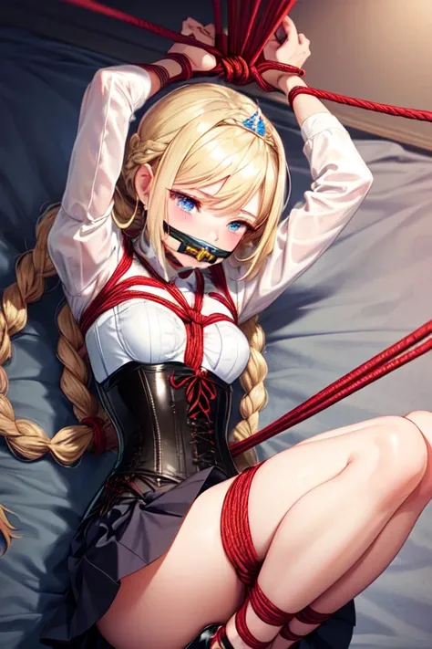 Shiny blond hair, very long hair, sophisticated haircut, ((((hair fully braided)))), ((small twisted braids)), thin and oval face, submissive, (((gagged))), ((((black tight corset)))), ((((tight skirt)))), cute and blushing 18 years old anime girl, look aw...