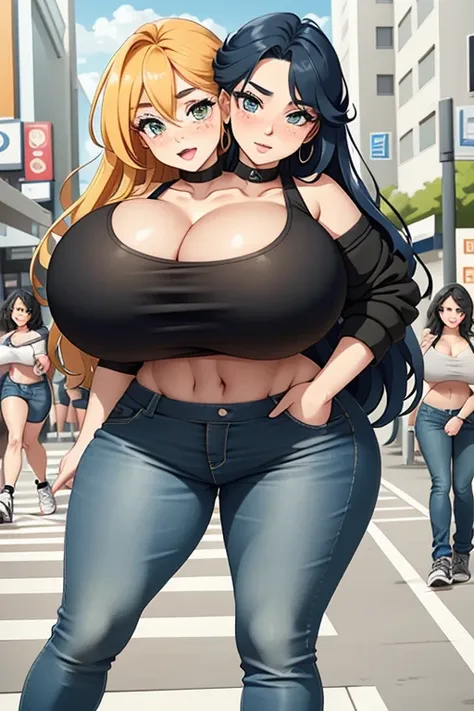 2heads, a short chubby woman with 2 heads. She has massive breasts. She is walking outside in a city. Her breasts are enormous. She is wearing a bikini top and jeans. Big earrings, lipstick. She has gigantic breasts. She looks spunky. She looks flirtatious...