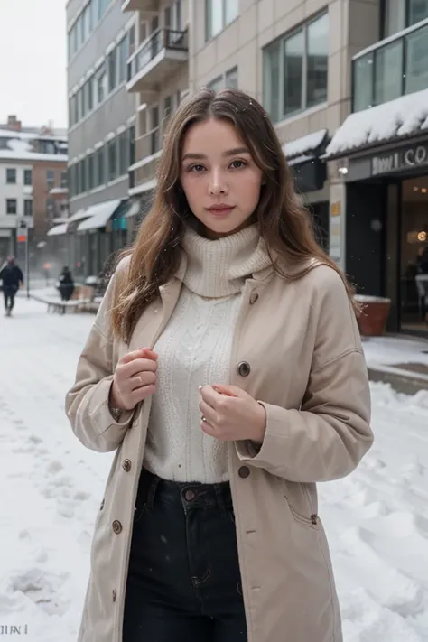 proFessional portrait photograph oF a gorgeous Norwegian girl in winter clothing with long wavy blonde hair, sultry Flirty look, gorgeous symmetrical Face, Cute and natural makeup, wearing elegant warm winter Fashion clothing, ((Stand outside the snow-capp...