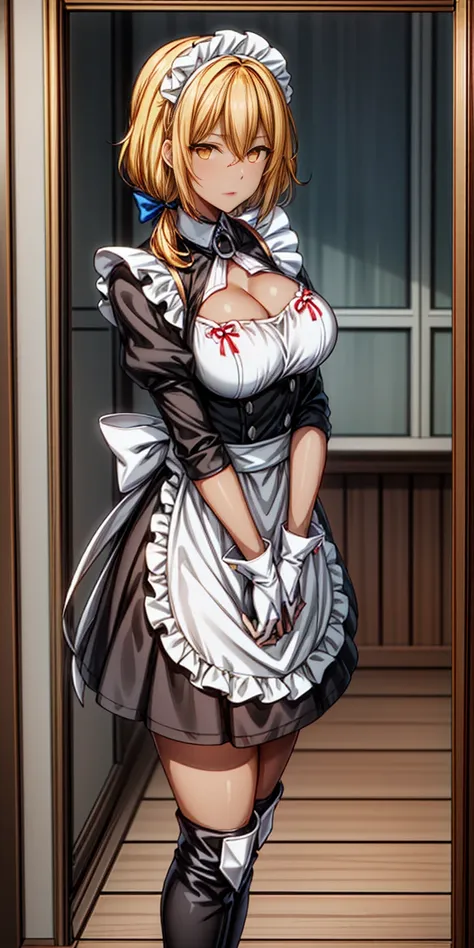 Roxanne (mature female:1.4), masterpiece, best quality (maid, maid headdress, maid apron), standing, indoors, window, masterpiece, best quality, high quality, dark black SKIN. Long messy hair, yellow eyes, full body, def_effie, blue breastplate, looking at...