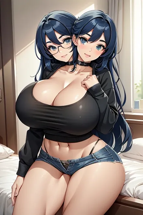 2 heads, a short thin woman with 2 heads. Extremely huge breasts. In a bedroom. Wearing a tiny bra. Wearing jeans. Young. Happy. Thin face. Seductive eyes. Long messy hair. Sexy. Smiling. Gigantic breasts. Nerdy, sexy nerd appearance. Deep cleavage. Hard n...