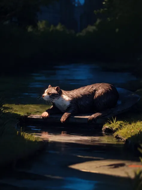 a masterpiece:1.2,hyper-detailed,realistic:1.37,HD,8K painting of a river landscape with an otter floating on its back, feasting on an oyster. The otter has detailed fur, glistening water droplets on its fur, and sharp claws. The river is painted with real...