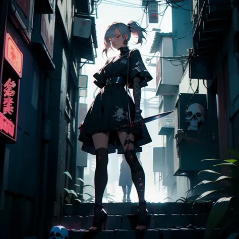 a woman in a black dress standing in front of a neon sign, digital cyberpunk - anime art, black skeleton sword guard, by François Louis Thomas Francia, standing in a dark alleyway, james jean and fenghua zhong, harajuku, a sexy blonde warrior, pinterest an...