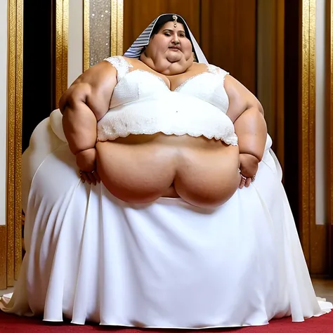 sbbw solo extremely morbidly obese Egyptian woman full body alone wearing a white wedding dress