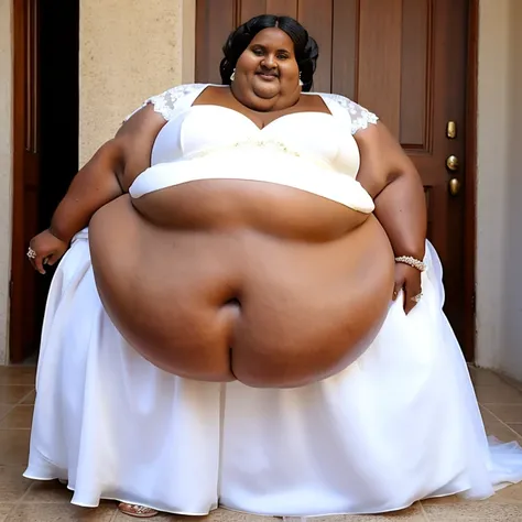 sbbw solo extremely morbidly obese Eritrean woman full body alone wearing a white wedding dress