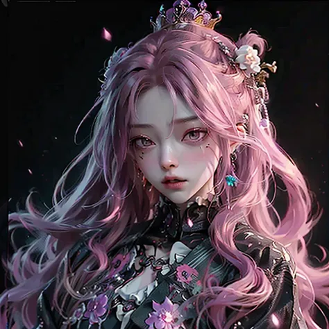 a girl with long hair and a crown on her head, eerie and grim art style, intense screaming expression, pink violet light, uwu hi-fructose, very sad emotion, cg art, toxic drips, emote, necromancy, inspired by Muqi, molten plastic, anime still image, grimm,...