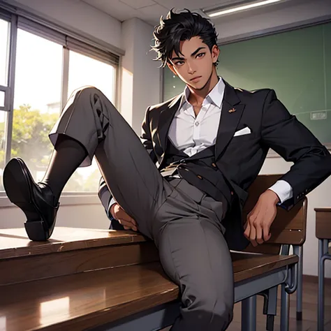 Un hombre, juvenil, fornido, empapado en sudor, con una camisa abierta, pantalones negros ajustados, una corbata,who is lying down posing sexy on some tables, that is in a classroom