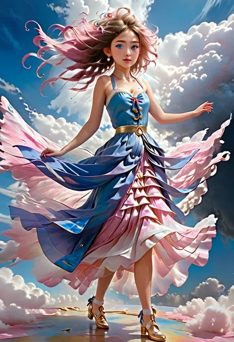 (((Walking on the surface of the pink and white mix clouds)) A young goddess with ((blue ribbons fluttering)) around her ankles and arms. Wearing blue skirt with round gold buttons. Blue strapless tank top with pointed edge. Large Brown earrings loops. Pin...