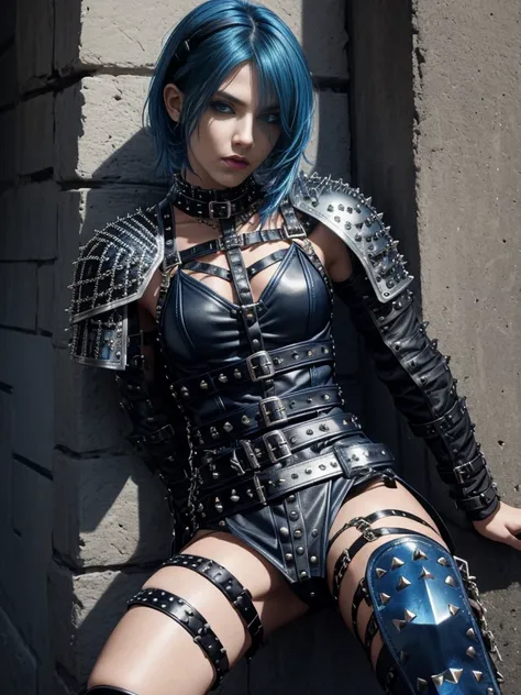 blue haired emo girl in knight armor, black studded belt, studded bracelet, boots with buckles, studded collar, leather harness, 