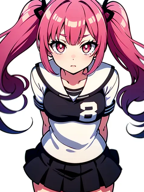 tadano con uniforme de sirvienta, pink hair, twin tails, constricted pupils, short skirt, medias blanca, adorno mucama cabeza