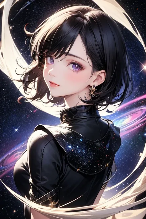 ((best quality)), ((masterpiece)), (detailed), anime girl, perfect face, short black hair, purple eyes, space in eyes, sparkles,...