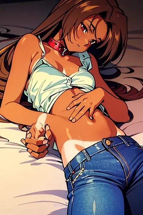 ((masterpiece)), (detailed), anime tan woman wearing a v-neck button-up Collar shirt, (bare shoulders), (bare arms), (jeans), (long hair), starving, (resting hands on the stomach), (hands on the stomach)