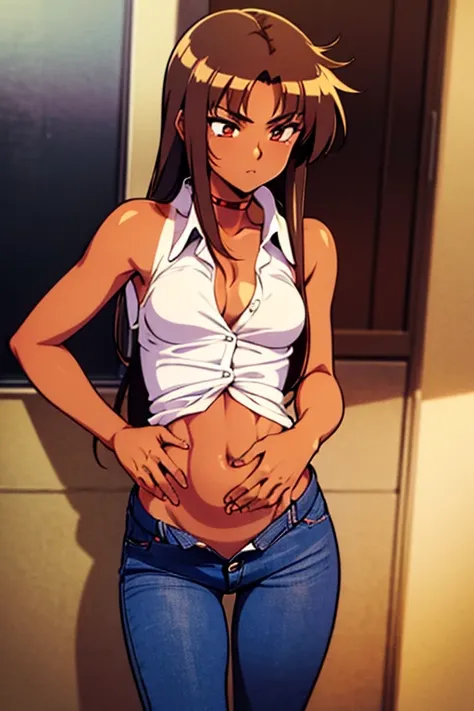 ((masterpiece)), (detailed), anime tan woman wearing a v-neck button-up Collar shirt, (bare shoulders), (bare arms), (jeans), (long hair), starving, (resting hands on the stomach), (hands on the stomach)