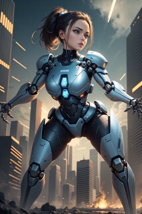 masterpiece,(Best quality),Very detailed,Super detailed,Science Fiction, 1 mechanical female soldier, The only person, crNanosuit, High Ponytail,(blue eyes),(Mechanical joints:1.5), mechanical limbs，Huge ，metallic line，Fight in the street， (Serious express...