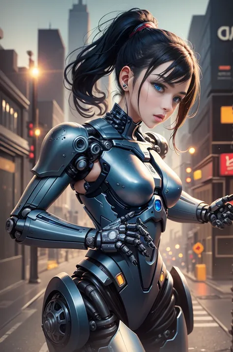 masterpiece,(Best quality),Very detailed,Super detailed,Science Fiction, 1 mechanical female soldier, The only person, crNanosuit, High Ponytail,(blue eyes),(Mechanical joints:1.5), mechanical limbs，Huge ，metallic line，Fight in the street， (Serious express...