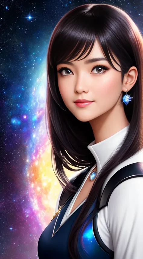 ChromaV5:1.6、Enwink Punk、style、Close-up portrait of beautiful queen of galaxy in galactic costume、Dark-haired、Smiling and facing forward、Studio Photos、Beautiful face、Beautiful round eyes、Artwork by Greg Rutkowski、Concept Art、Popular content on Art Station、...