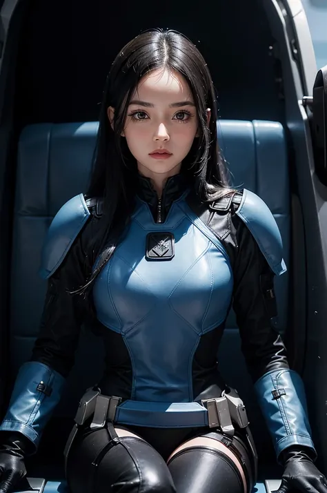 A beautiful woman. 20 years old. Black Hair. She was wearing a blue and black metal combat suit. She looks at the camera with a provocative expression. She was sitting in the cockpit of a small spaceship.