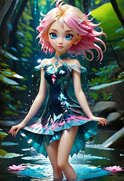 ((Dipping her toes in the lake))Is a blue eye elf with short blonde color hair with pink mix hair. Blue diamond pendant dress.