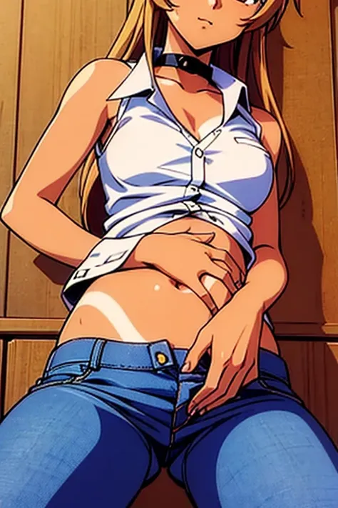 ((masterpiece)), (detailed), anime tan woman wearing a v-neck button-up Collar shirt, (bare shoulders), (bare arms), (jeans), (long hair), starving, (resting hands on the stomach), (hands on the stomach)