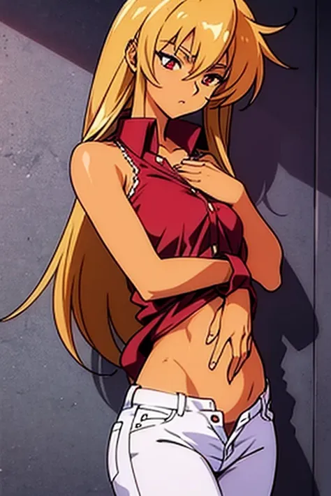 ((masterpiece)), (detailed), anime tan woman wearing a v-neck button-up Collar shirt, (bare shoulders), (bare arms), (jeans), (long hair), starving, (resting hands on the stomach), (hands on the stomach)