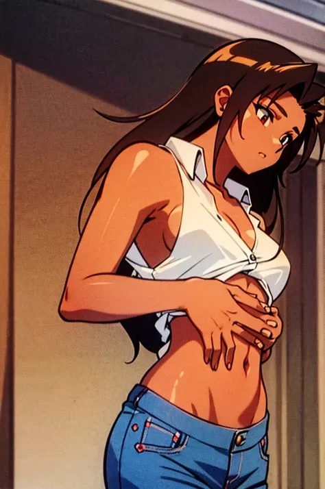 ((masterpiece)), (detailed), anime tan woman wearing a v-neck button-up Collar shirt, (bare shoulders), (bare arms), (jeans), (long hair), starving, (resting hands on the stomach), (hands on the stomach)