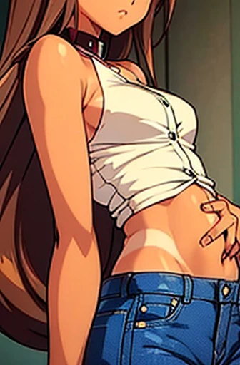 ((masterpiece)), (detailed), anime tan woman wearing a v-neck button-up Collar shirt, (bare shoulders), (bare arms), (jeans), (long hair), starving, (resting hands on the stomach), (hands on the stomach)