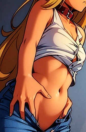 ((masterpiece)), (detailed), anime tan woman wearing a v-neck button-up Collar shirt, (bare shoulders), (bare arms), (jeans), (long hair), starving, (resting hands on the stomach), (hands on the stomach)