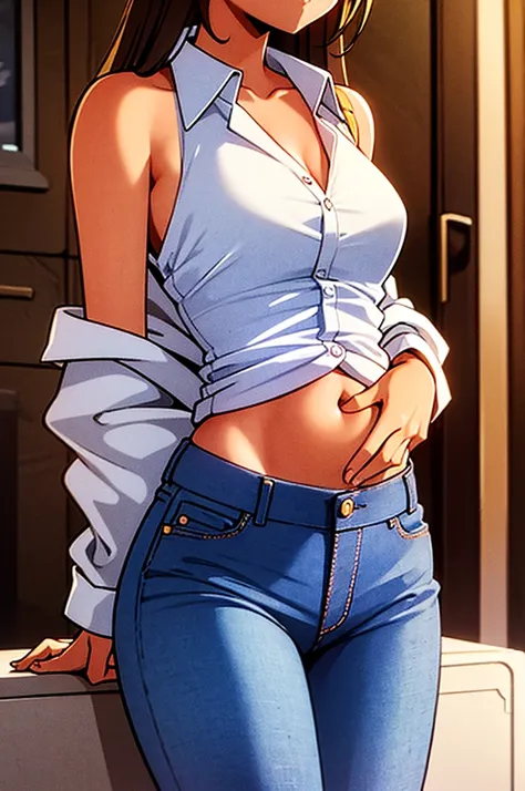 ((masterpiece)), (detailed), anime tan woman wearing a v-neck button-up Collar shirt, (bare shoulders), (bare arms), (jeans), (long hair), starving, (resting hands on the stomach), (hands on the stomach)