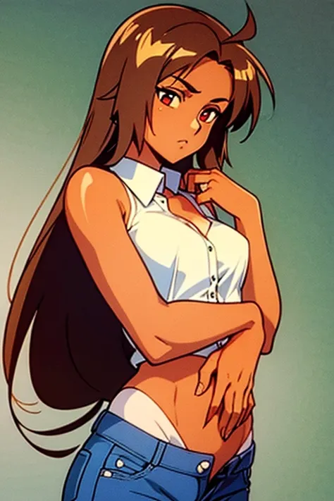 ((masterpiece)), (detailed), anime tan woman wearing a v-neck button-up Collar shirt, (bare shoulders), (bare arms), (jeans), (long hair), starving, (resting hands on the stomach), (hands on the stomach)