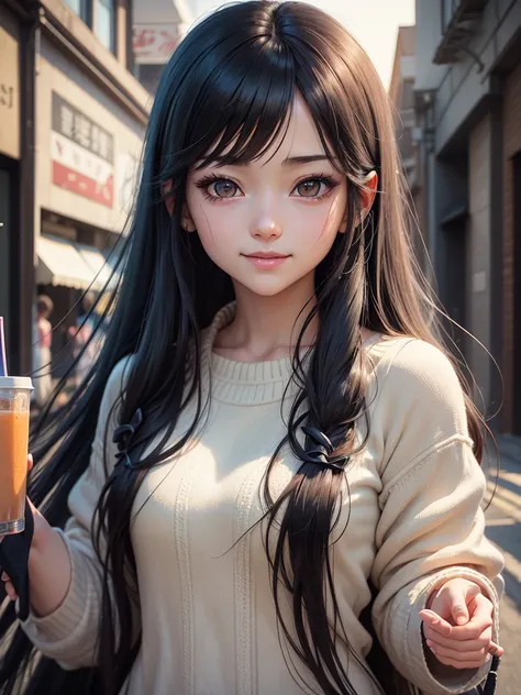 Anime girl with long black hair and black eyes，Smooth anime CG art，Realistic anime 3D style，realistic anime artstyle，Detailed digital anime art，Digital Anime Illustration，realistic anime artstyle，Kawaii realistic portrait，Detailed portrait of anime girl，A ...