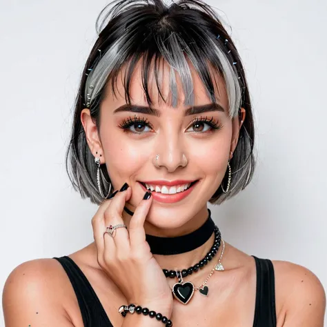 pilyeon, solo, 1girl, black nails, jewelry, short hair, looking at viewer, choker, necklace, hand on own face, piercing, white background, heart, closed mouth, grey eyes, nail polish, simple background, grey hair, ear piercing, black choker, smile, eyelash...