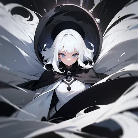 1 girl, black and white hair, black and white cape, black outfit, black hole behind, front facing, swirls,