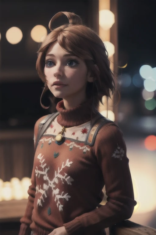 vramsonsie, brown hair, 1girl, ugly sweater, bokeh, brown hair, winter