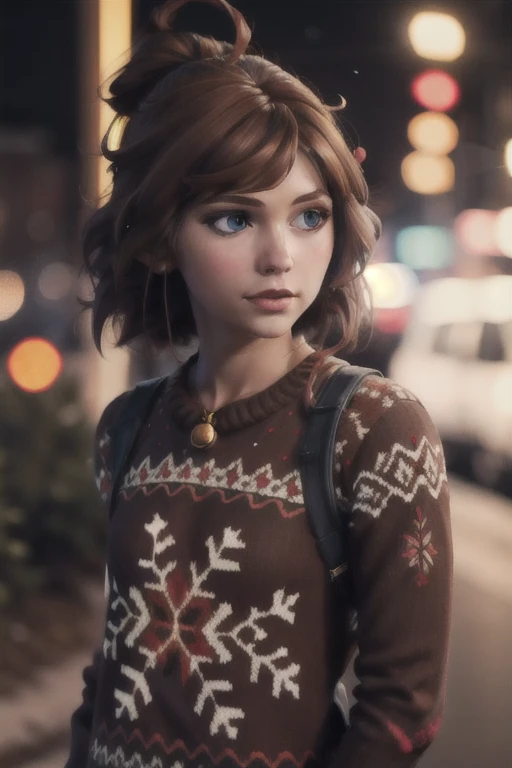 vramsonsie, brown hair, 1girl, ugly sweater, bokeh, brown hair, winter