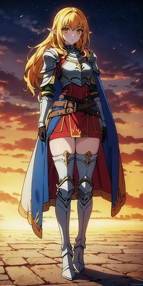 masterpiece, best quality, high quality, white SKIN elf, long hair, white hair, yellow eyes, full body, def_effie, blue breastplate, white skin, looking at viewer, shiny armor, thigh highs, high boots, shoulder armor, faulds, poleyn, gloves, gauntlets