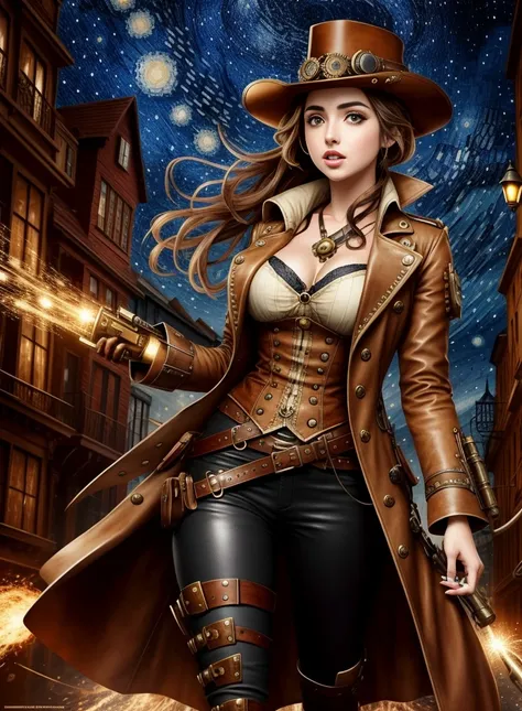 Cute steampunk Ana de Armas wearing stylish steampunk outfit on steampunk street, 8K Starry Night (Attacking Position )