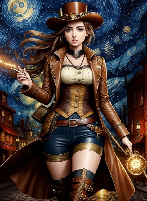 Cute steampunk Ana de Armas wearing stylish steampunk outfit on steampunk street, 8K Starry Night (Attacking Position )