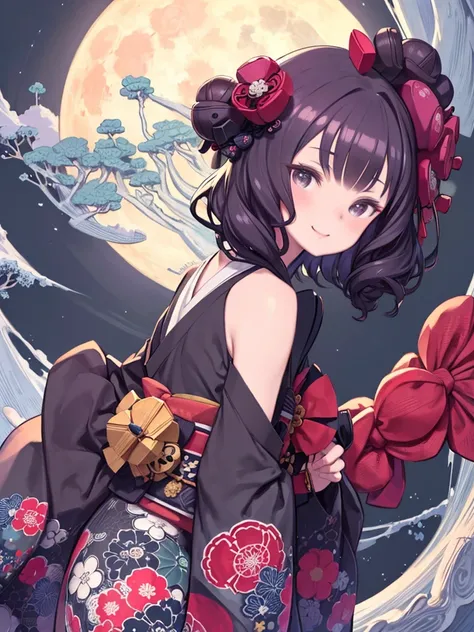 masterpiece、highest quality、High resolution、Very detailed、Beautiful eyeedium wide shot、Mature Woman、night、full moon、Katsushika Hokusai、Black Hair、look back、Smiling、kimono、kimono、kimono、