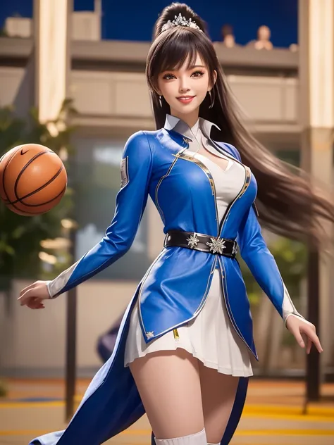 1 Girl, Long hair, skirt,Hair accessories, city View, night, High Leg Raise, Boss,白色skirt,Ponytail, Cowboy shooting, Long sleeve, belt,blue eyes,cosmetic,1 lady only, /(Basketball clothes/), Mature female, /(Light brown hair/) Bangs, Friendly smile, (Maste...