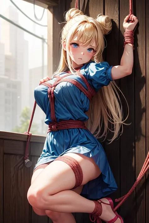 piperBS, 1girl, blonde hair, hair bun, blue dress, puffy sleeves, short sleeves, pink gloves, fingerless gloves, pink belt, shoes, blue footwear, cute and blushing 18 years old anime girl, look away because she is embarrassed and blushes, bright blue eyes,...