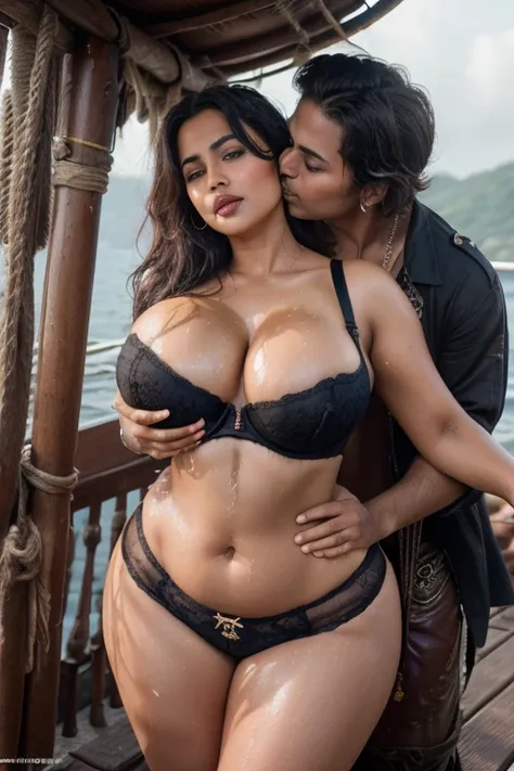 (forcefully couples grabbing her body and squeezing indian women breast from behind:1.2 ,Indian mother As captain of pirates (creative bend down pose:1.2),( aggressive couple kiss:1.4) pirates ship(ocean), Hot 🔥 and humid weather, deck of ship, clothes wor...