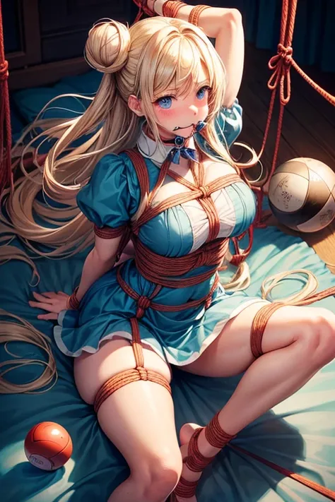 piperBS, blonde hair, hair bun, blue dress, puffy sleeves, short sleeves, pink gloves, fingerless gloves, pink belt, shoes, blue footwear, (((gaggedc with a fine ball gag:1.4))), cute and blushing 18 years old anime girl, look away because she is embarrass...