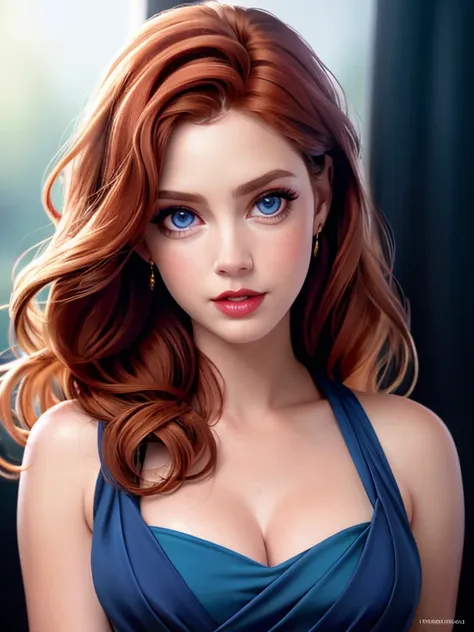 realistic photo of a beautiful 4my4-v2 woman,  1girl, solo, long hair, breasts, looking at viewer, blue eyes, red hair, dress, c...