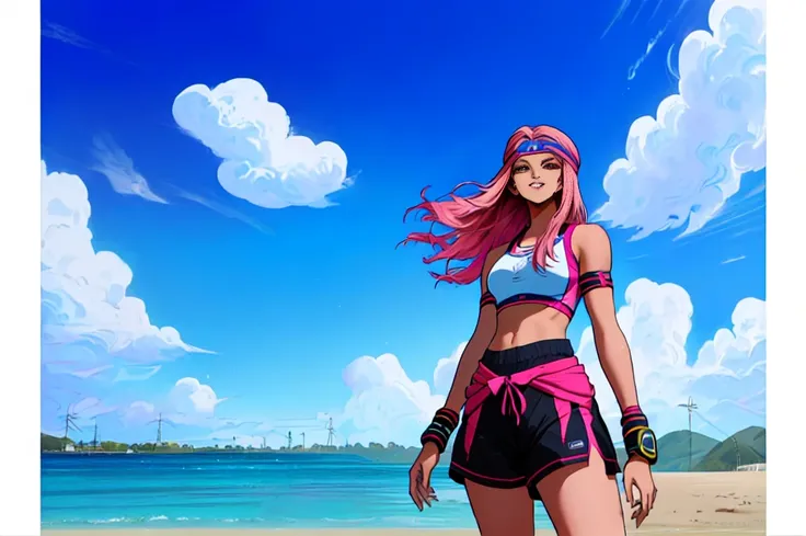 (perfect composition),imagined a girl in extreme sport outfit playing to a flying disc game in a beach arena game sport, masterpiece, ultra-detailed, 80s anime (style), 2D, megapixel, perfectionism, full HD , 4K, (windjammers), windjammers sport game, wind...