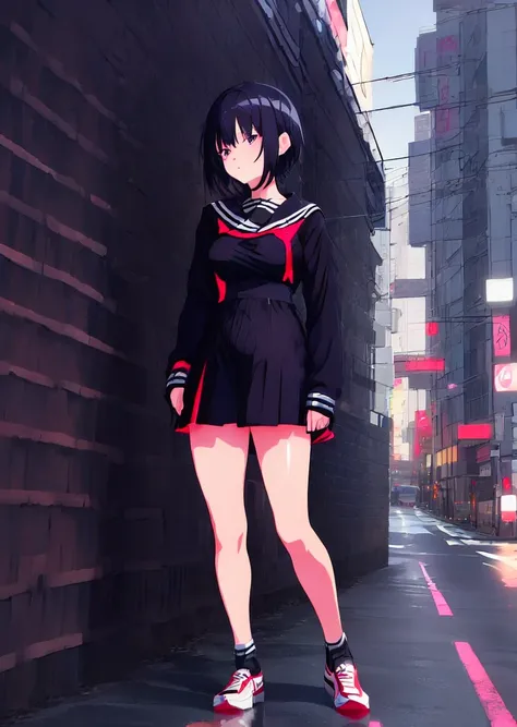 (perfect composition),anime character Sukeban delinquent girl  standing on a city street corner in black seifuku with black very long skirt, anime style. 8k, anime style mixed with fujifilm, retro anime girl, anime styled digital art, in tokyo, anime style...