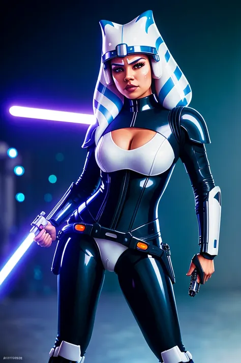 Photo of a female Stormtrooper from Star Wars, (full body), ((Dynamic portrait)), ((Hyperrealism)), ((Detailed RAW color art)), ((Bokeh effect)), ((Leading Lines Shot)), ((Tilt-Shift (Simulating Miniature Scenes))), ((Butterfly lighting)). She wears the ic...