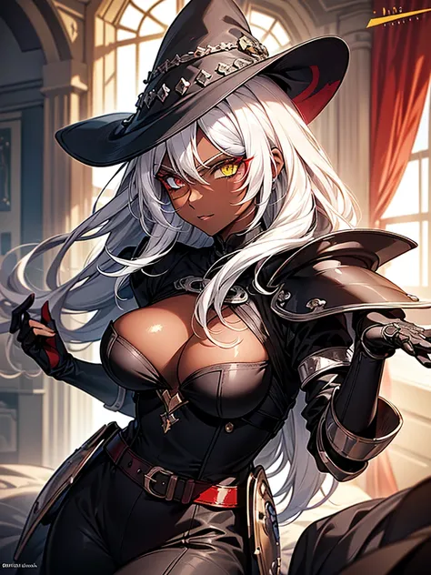 (masterpiece, best quality), (Official art, masterpiece, 8k, ultra-detailed), ultra-detailed, photo of a beautiful 32 year old woman, ((dark skin)), white hair, wearing round glasses on her face, eyes red and yellow, wearing a tight black jumpsuit, with li...