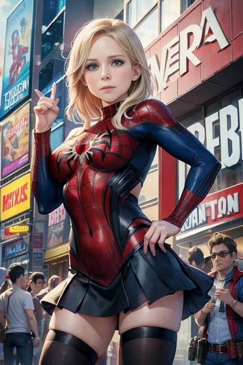 Kristen Bell、Marvel Comics Movie Poster, Very beautiful, Movies about Spiderman, sexy, whole body, Im wearing a skirt、Premiere date, Poster、belly buttonを突き出す、new york、She&#39;s wearing a torn Spider-Man suit,The suit is torn、Wearing a skirt、 Red and black ...